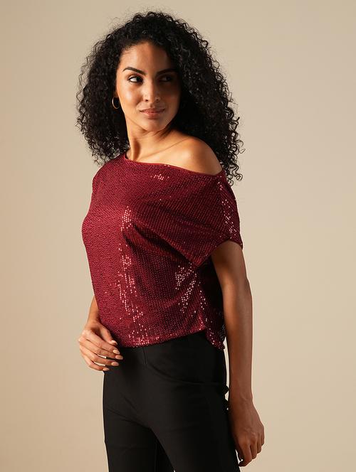 globus women maroon one shoulder extended sleeve sequinned party top - 21648883 - Standard Image - 0