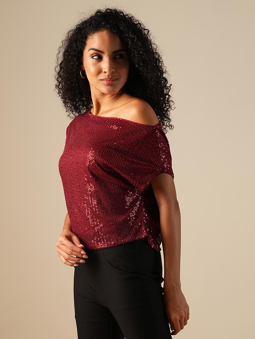 globus women maroon one shoulder extended sleeve sequinned party top - 21648883 - Zoom Image - 0