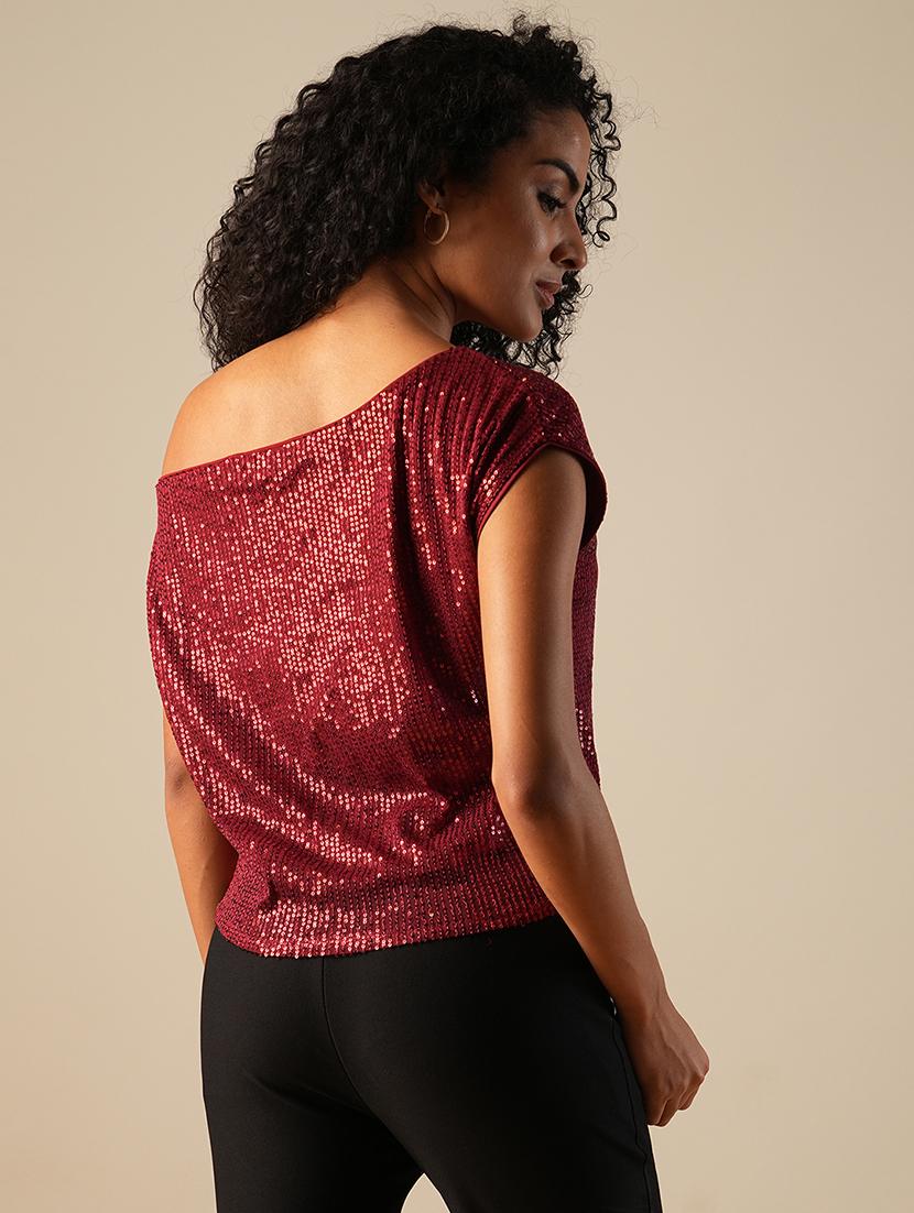 globus women maroon one shoulder extended sleeve sequinned party top - 21648883 - Standard Image - 2