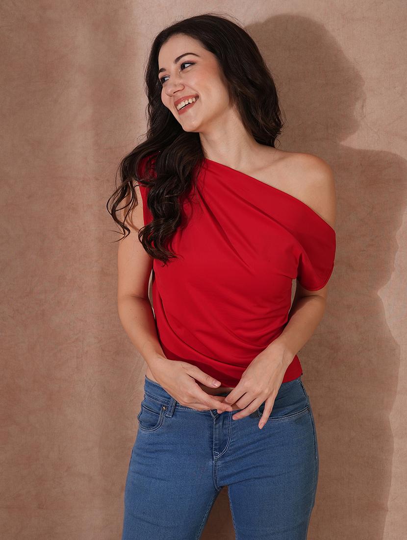 globus women red one shoulder extended short sleeves party wear top - 21648884 - Zoom Image - 0