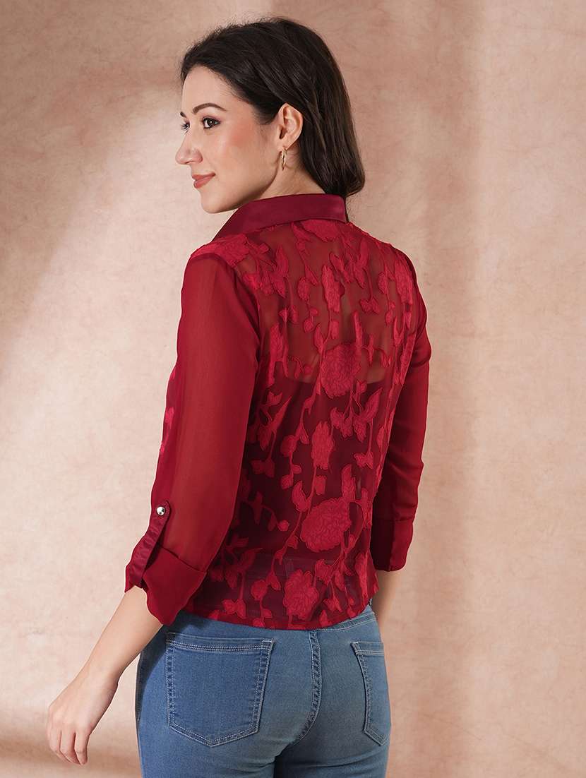 globus women maroon self-design floral print v-neck party wear top - 21648887 -  Standard Image - 2