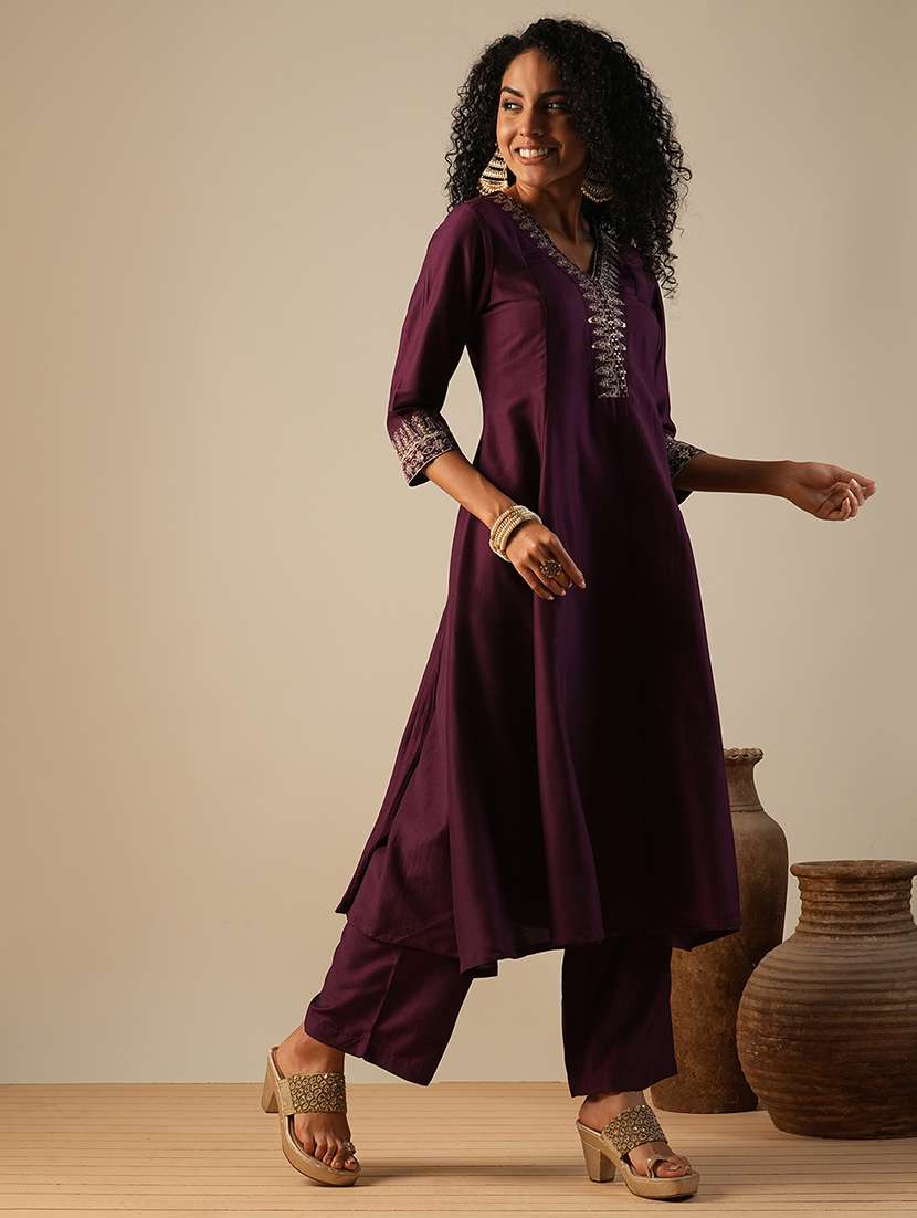 globus women purple zari embroidered v-neck panelled anarkali kurta with elasticated wide leg pants festive set