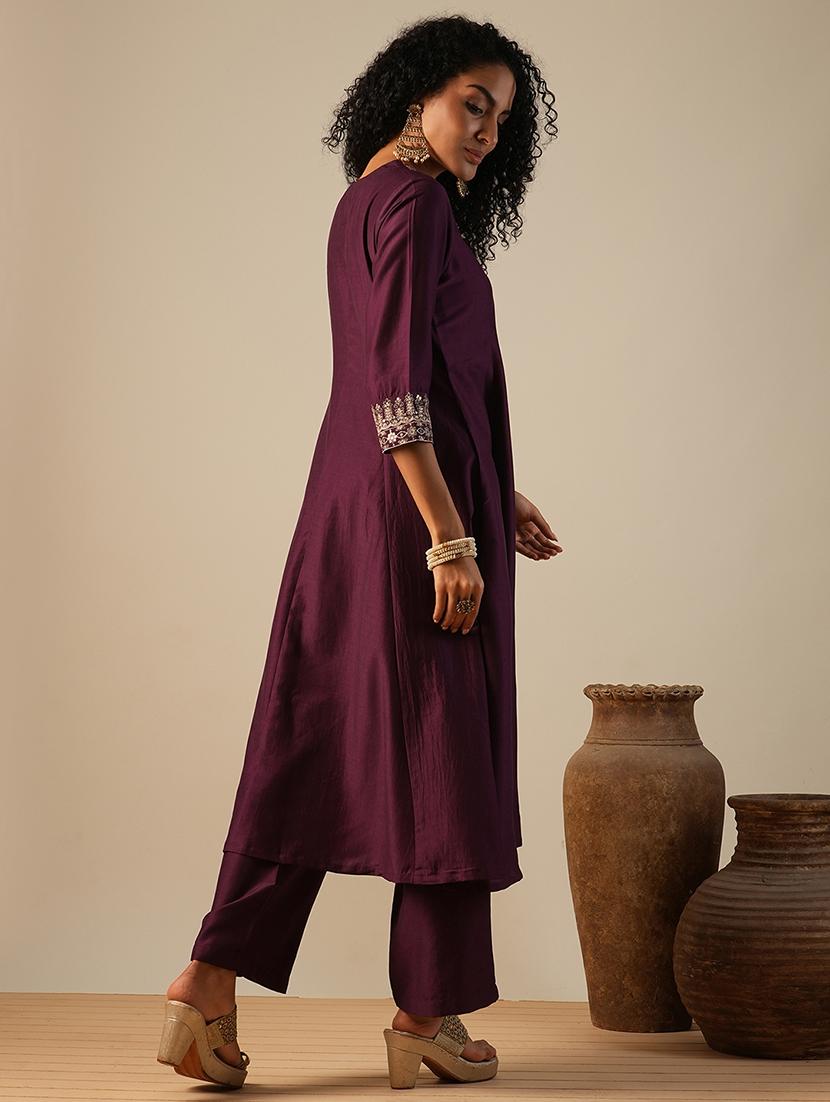 globus women purple zari embroidered v-neck panelled anarkali kurta with elasticated wide leg pants festive set - 21649092 - Standard Image - 2