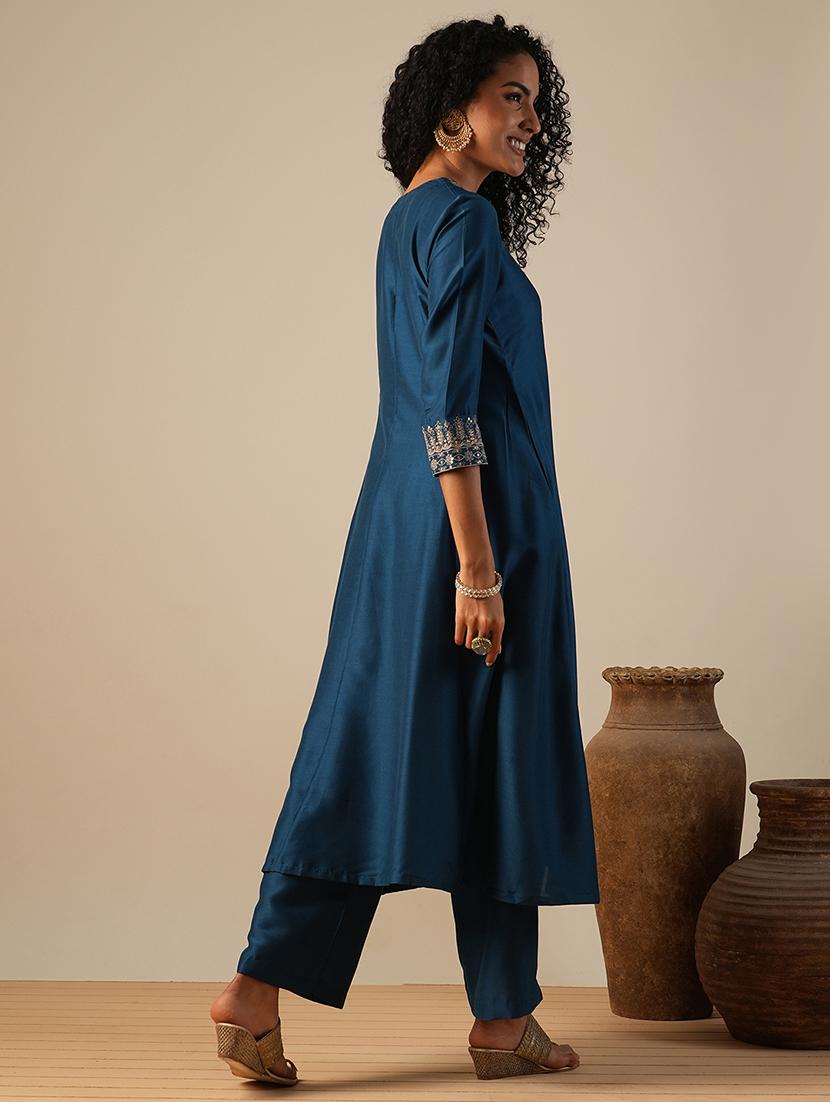 globus women teal zari embroidered v-neck panelled anarkali kurta with elasticated wide leg pants festive set - 21649093 - Standard Image - 2