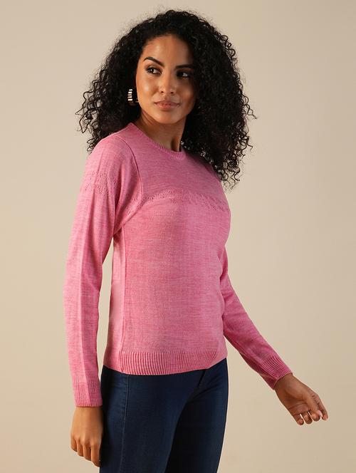 globus women pink round neck long sleeves self design knitted ribbed hem pullover sweater - 21649109 - Standard Image - 0