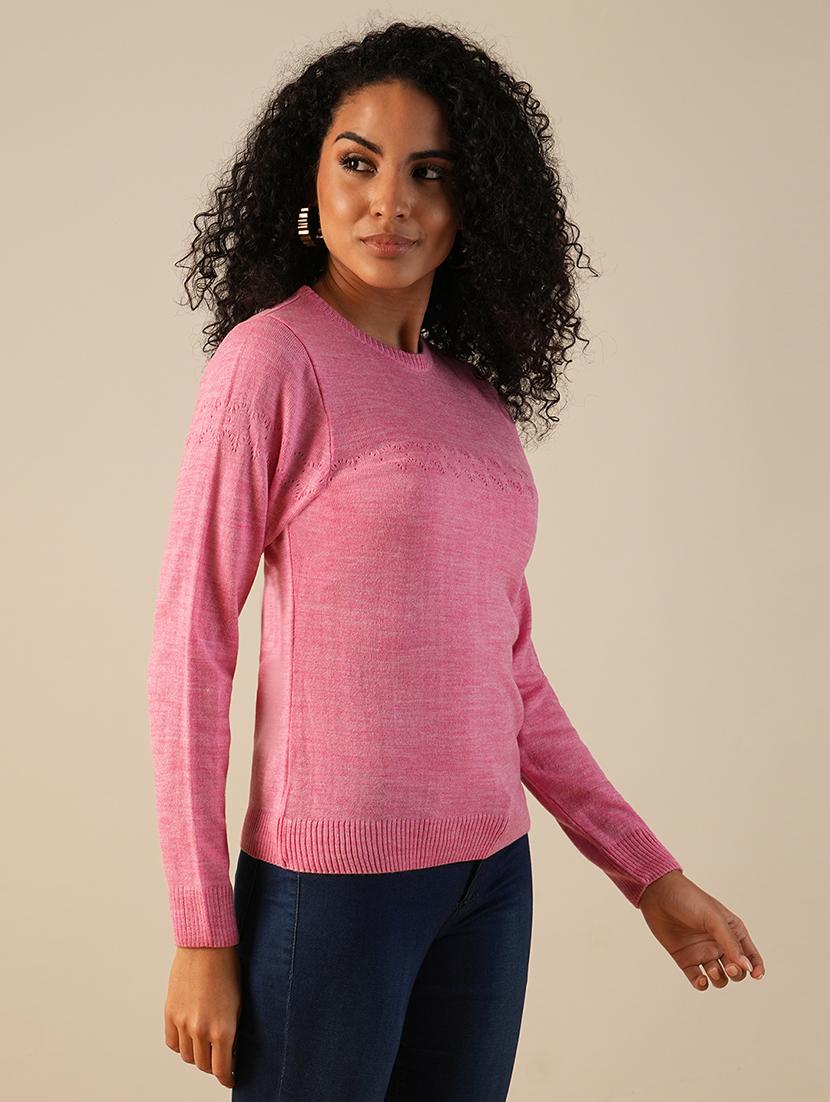 globus women pink round neck long sleeves self design knitted ribbed hem pullover sweater - 21649109 - Zoom Image - 0