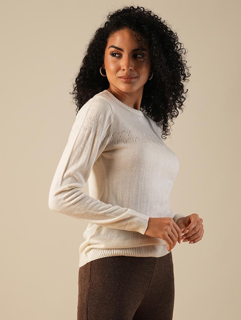 globus women off white round neck long sleeves self design knitted ribbed hem pullover sweater - 21649110 -  Zoom Image - 0