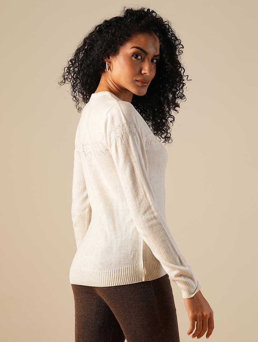 globus women off white round neck long sleeves self design knitted ribbed hem pullover sweater - 21649110 - Standard Image - 2