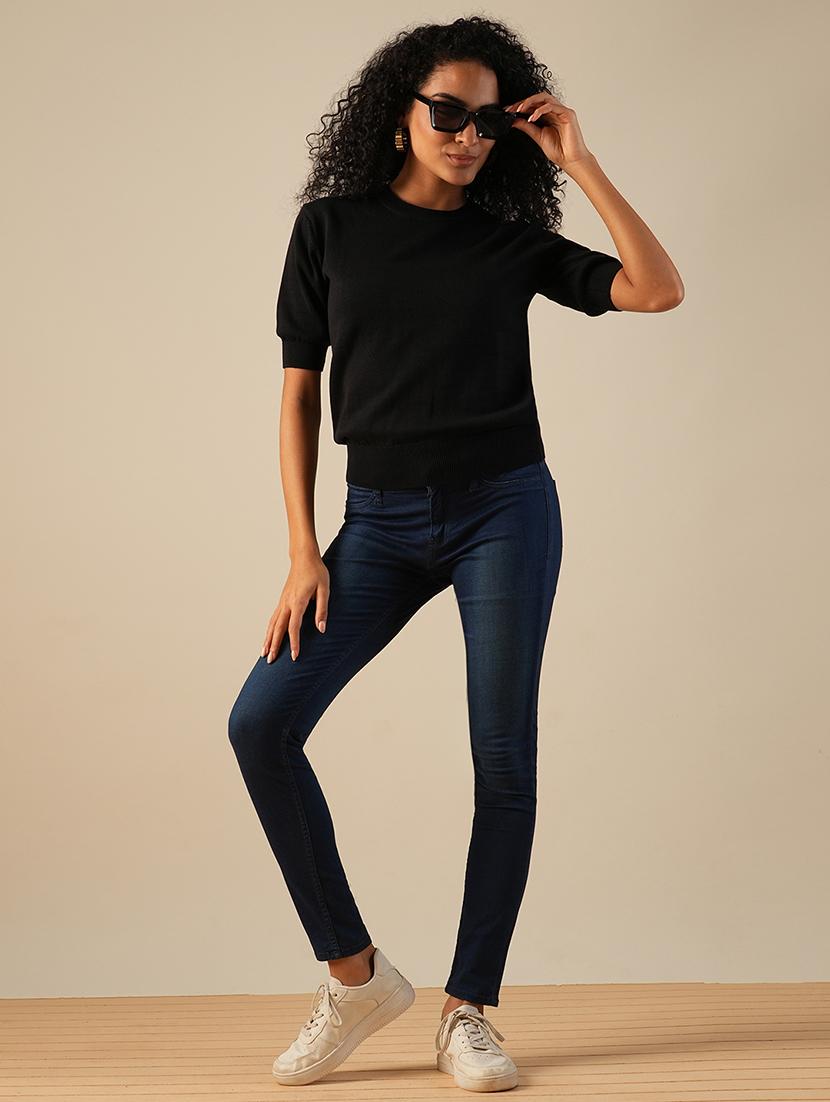 globus women black round neck puff sleeves solid knitted ribbed hem pullover sweater - 21649111 - Standard Image - 2