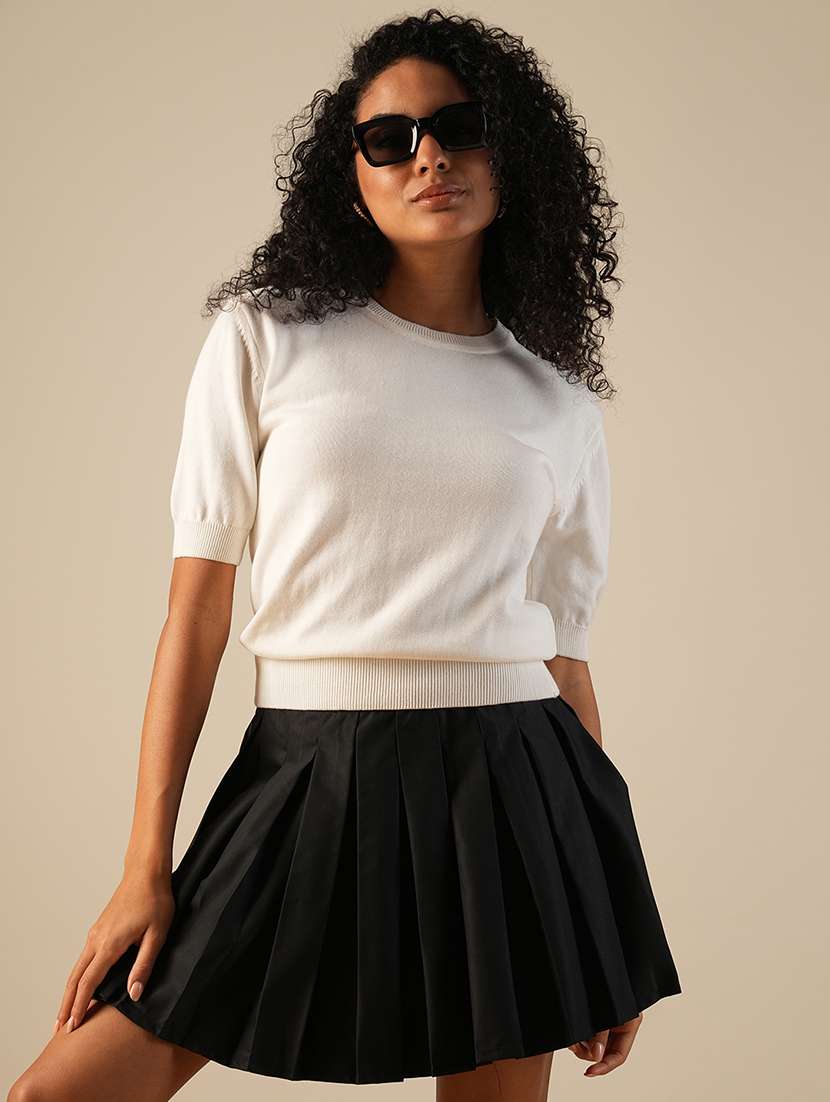 globus women white round neck puff sleeves solid knitted ribbed hem pullover sweater - 21649112 -  Zoom Image - 0