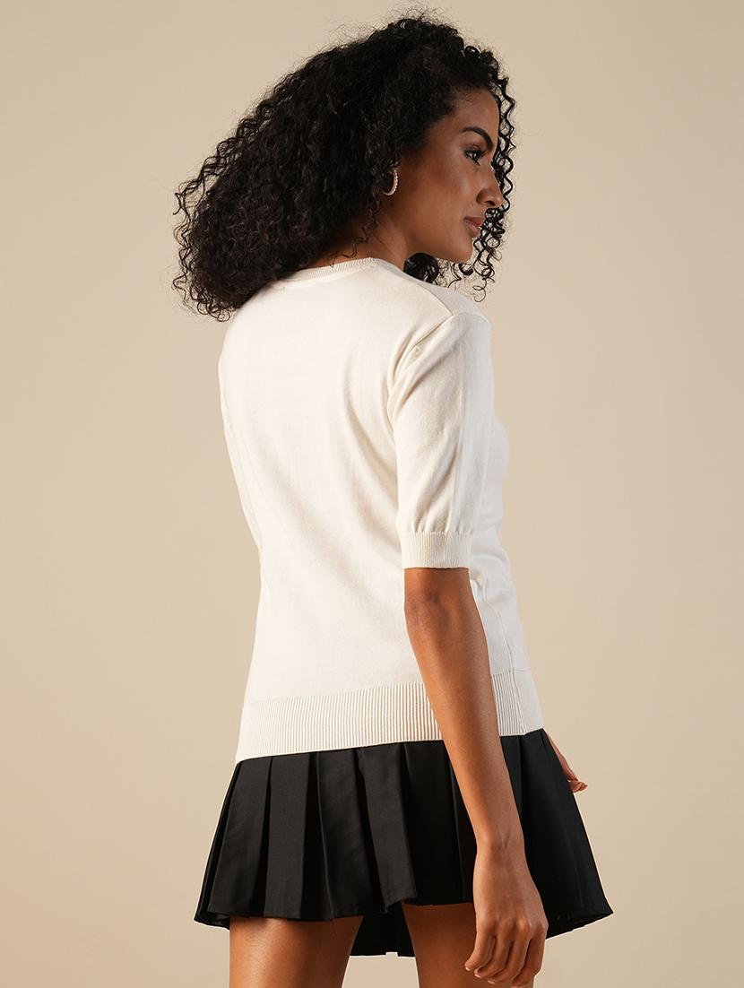 globus women white round neck puff sleeves solid knitted ribbed hem pullover sweater - 21649112 - Standard Image - 2