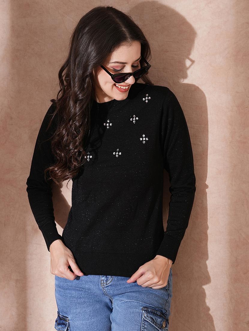 globus women black solid embeliished round neck long sleeves pullover sweater