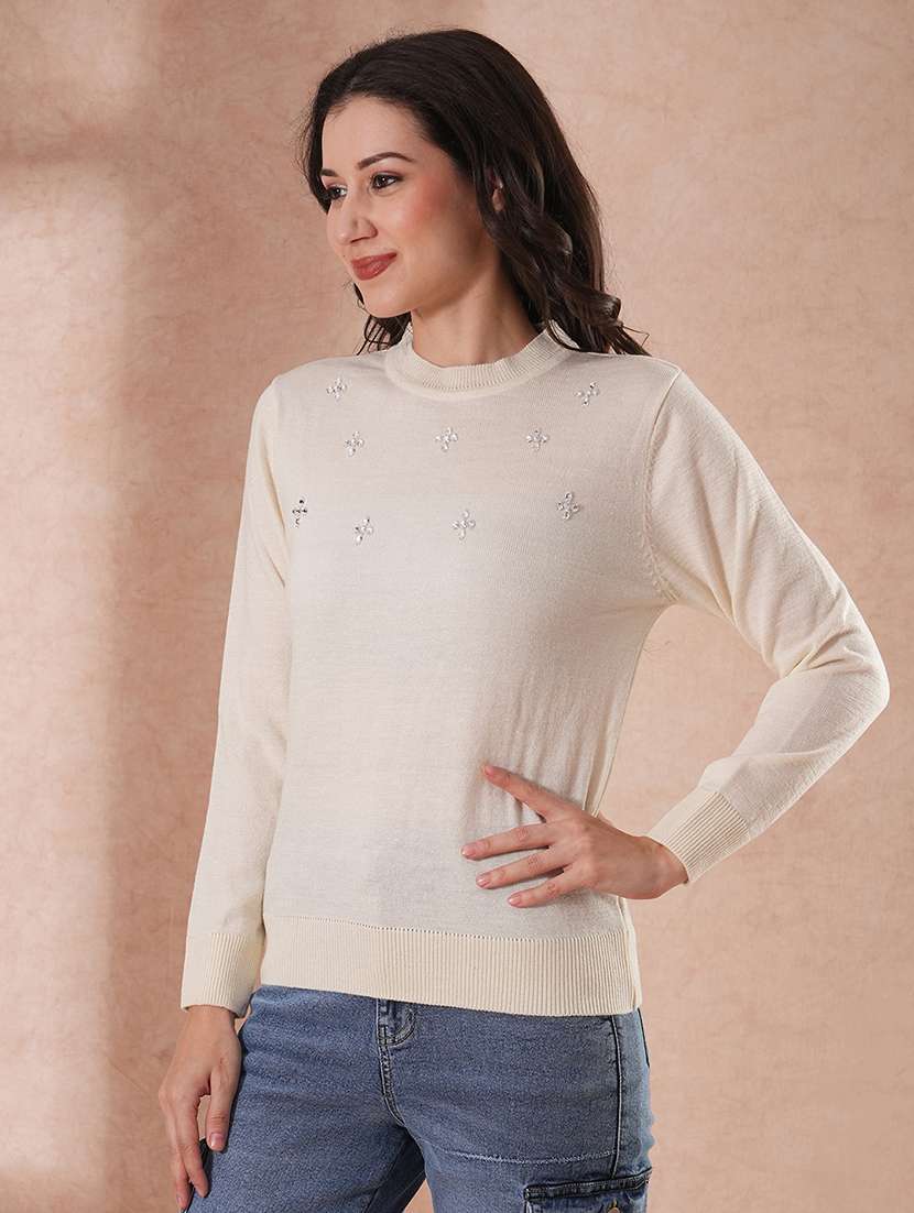 globus women white solid embeliished round neck long sleeves pullover sweater