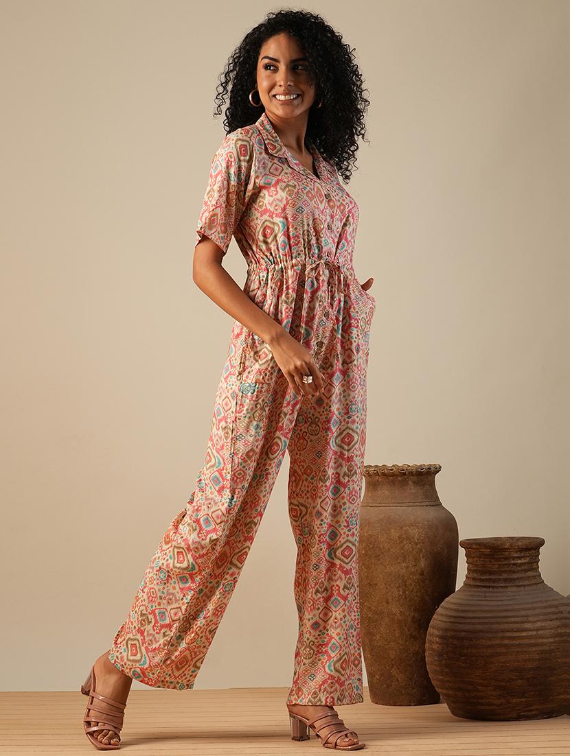 globus women pink cuban collar geometric print waist tie-ups fusion jumpsuit - 21649116 - Standard Image - 2