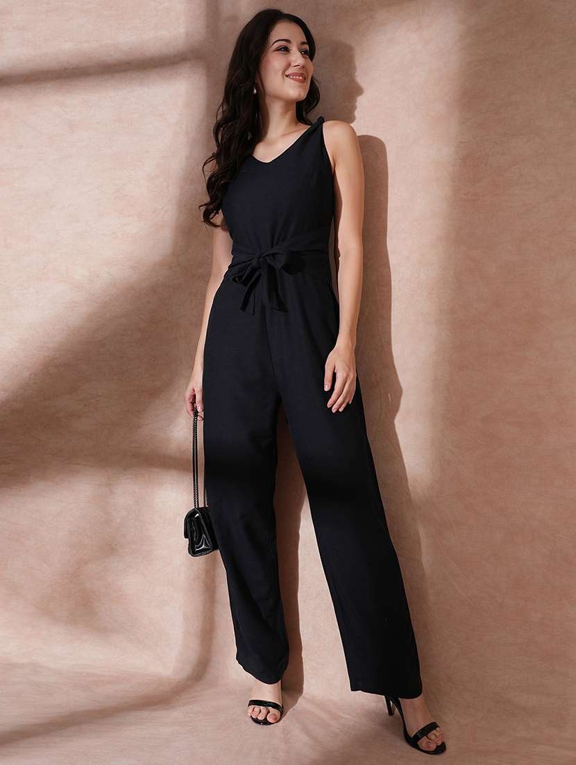 globus women black v-neck waist tie-up longline jumpsuit 