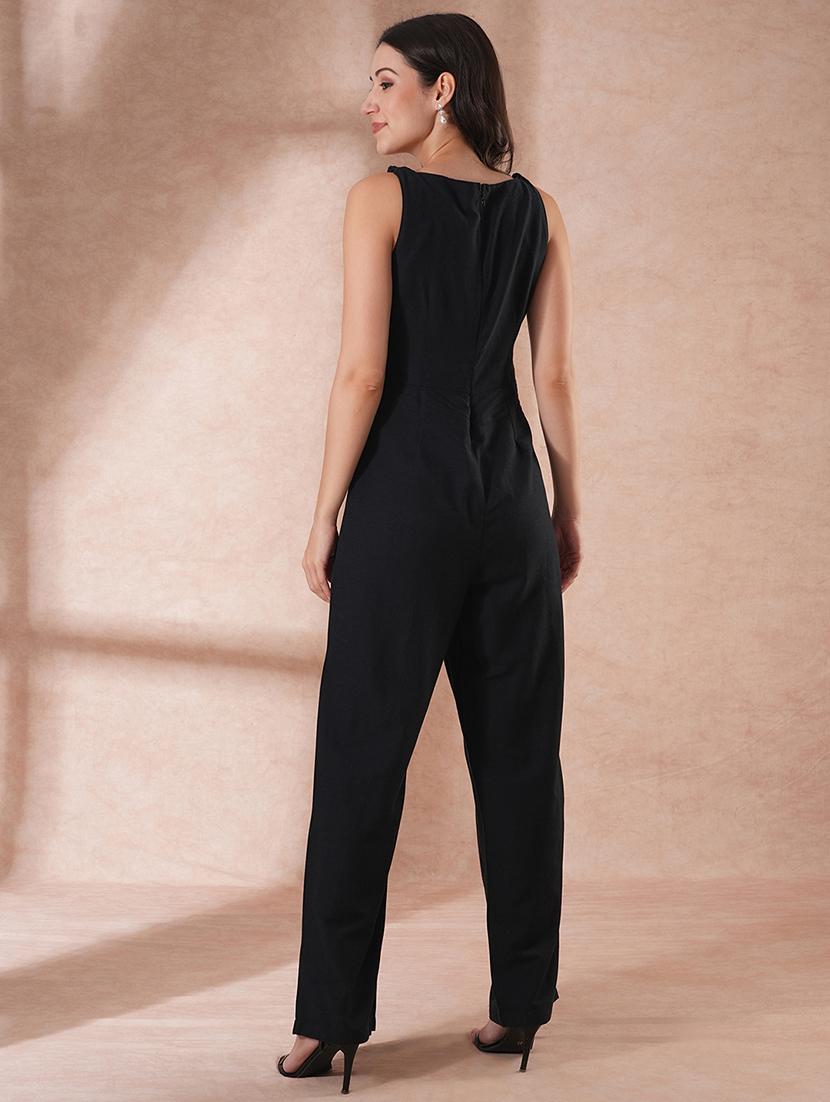 globus women black v-neck waist tie-up longline jumpsuit - 21649118 - Standard Image - 2