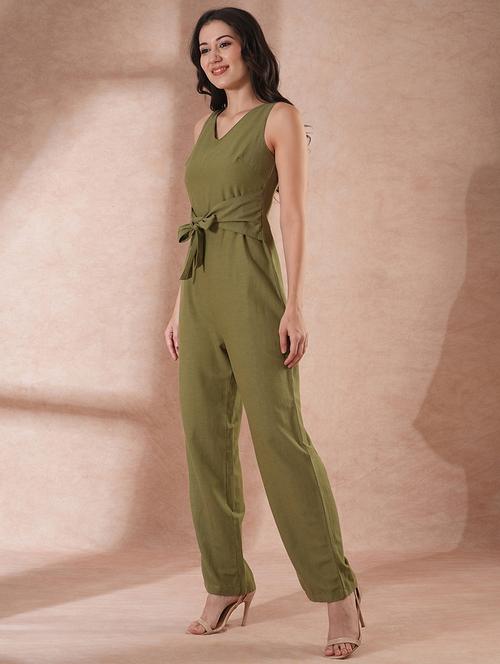 globus women olive v-neck waist tie-up longline jumpsuit - 21649119 - Standard Image - 0