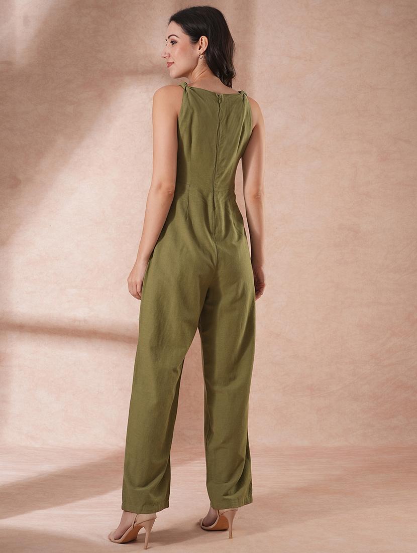 globus women olive v-neck waist tie-up longline jumpsuit - 21649119 - Standard Image - 2