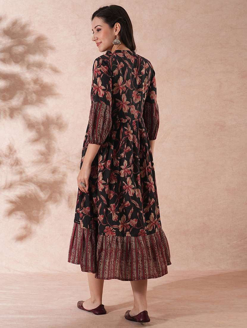 globus women black tie-up mandarin neck bishop sleeves floral print pleated tiered a-line midi fusion dress - 21649150 -  Standard Image - 2