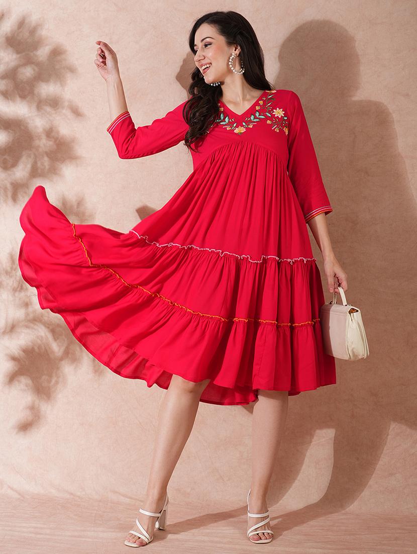 globus women red v-neck floral embroidered yoke alia cut tiered a-line fusion dress - 21649151 - Zoom Image - 0