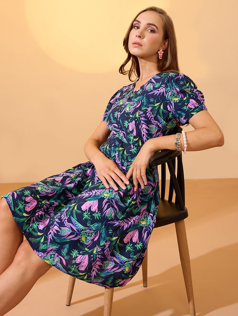globus women multi v-neck puff sleeves button detail tropical printed pleated a-line dress - 21649153 - Standard Image - 2
