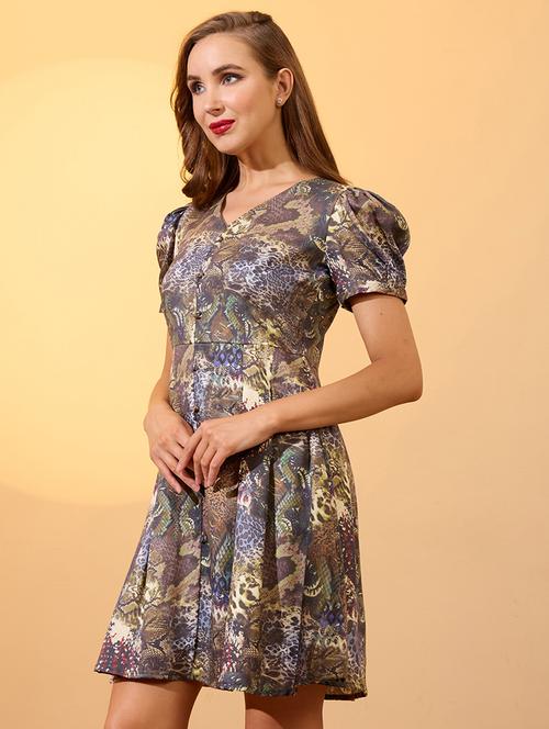 globus women multi v-neck puff sleeves button detail animal printed pleated a-line dress - 21649154 -  Standard Image - 0