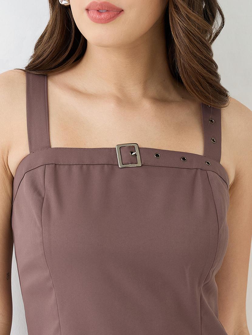 globus women brown buckle detail square neck strappy shoulder korean midi sheath party dress - 21649155 - Standard Image - 2