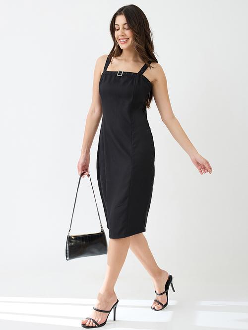 globus women black buckle detail square neck strappy shoulder korean midi sheath party dress - 21649156 - Standard Image - 0