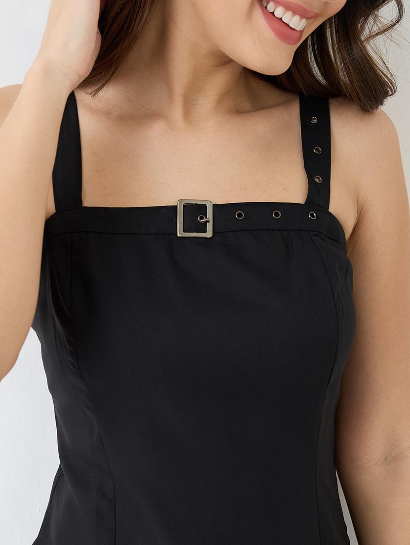 globus women black buckle detail square neck strappy shoulder korean midi sheath party dress - 21649156 - Standard Image - 2