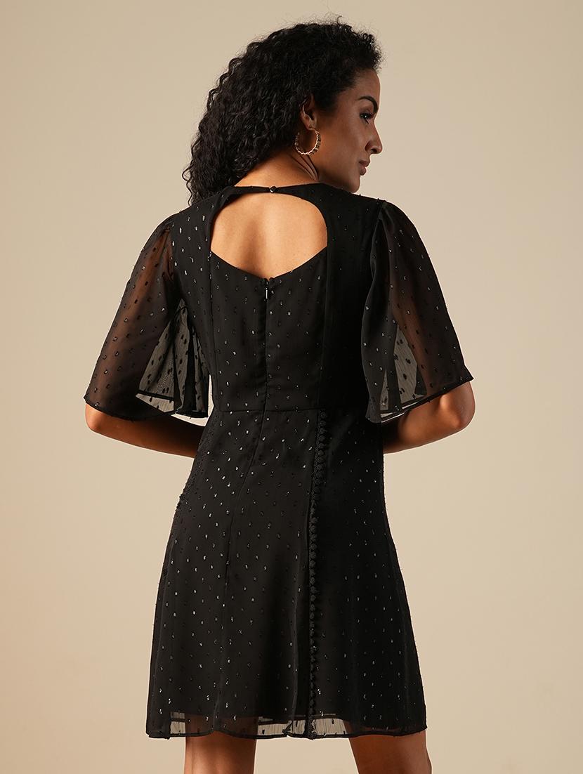 globus women black v-neck flared sleeves shiny self design lace inserts mini a-line party dress - 21649158 - Standard Image - 2