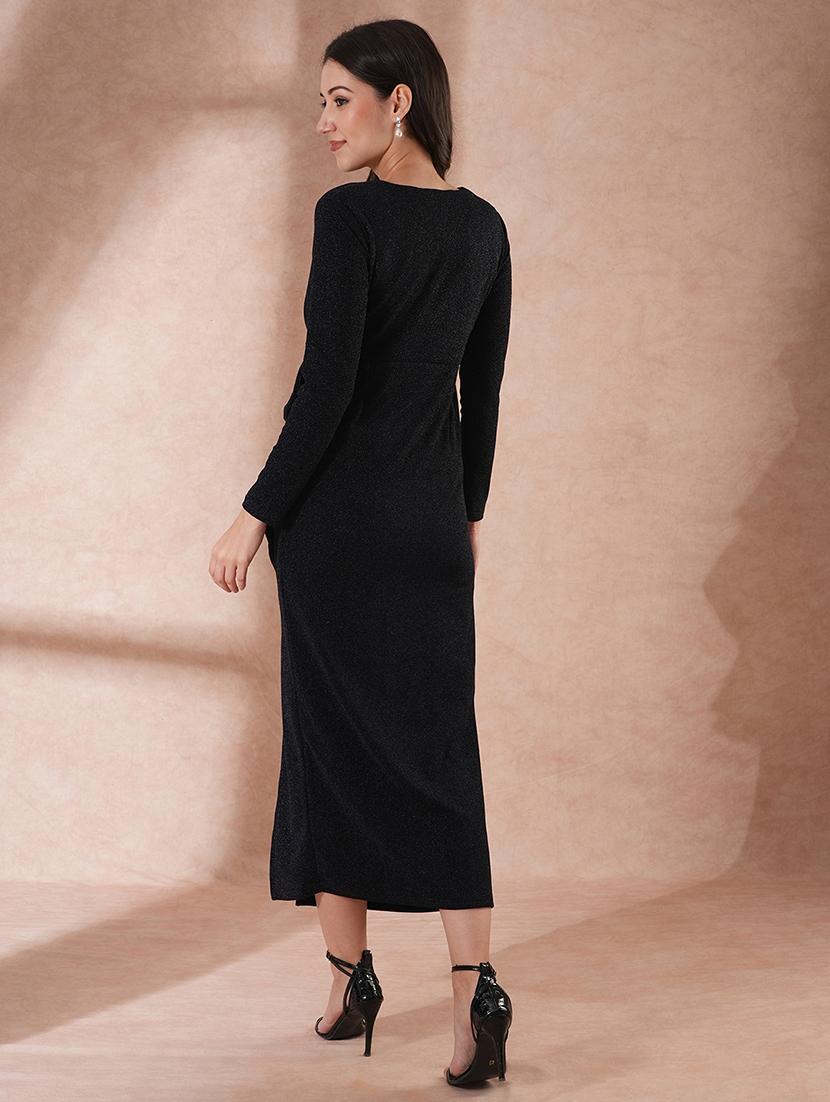 globus women navy blue long sleeves v-neck ruffle detail shimmer side slit bodycon maxi party dress - 21649160 - Standard Image - 2