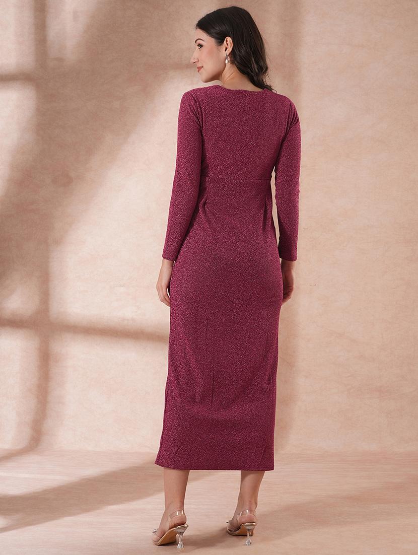 globus women pink long sleeves v-neck ruffle detail shimmer side slit bodycon maxi party dress - 21649161 - Standard Image - 2