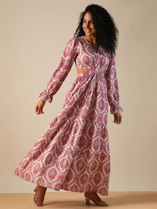 globus women pink v-neck bishop sleeves ethnic printed cut-out detail tiered fit & flare fusion maxi dress - 21649162 - Standard Image - 0