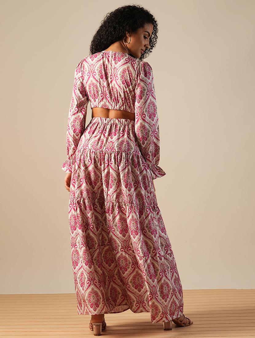 globus women pink v-neck bishop sleeves ethnic printed cut-out detail tiered fit & flare fusion maxi dress - 21649162 - Standard Image - 2