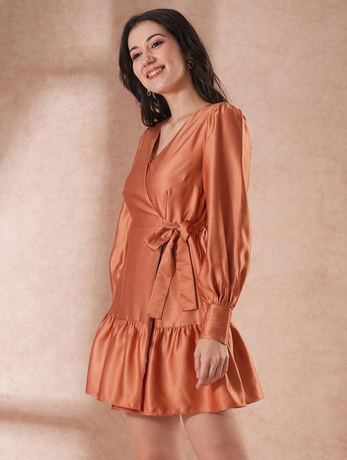 globus women brown v-neck cuffed sleeves tie-up detail fit & flare mini party dress - 21649164 - Standard Image - 0