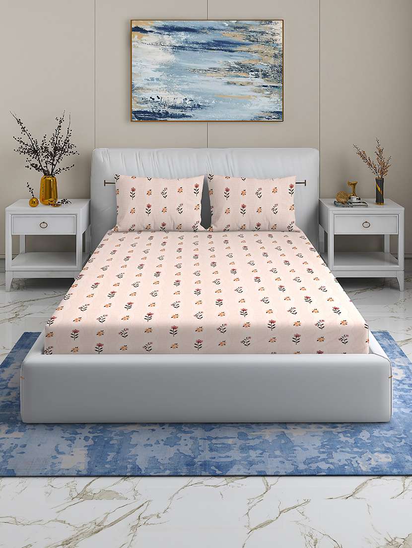 quirky home rome cotton blend fitted queen bedsheet with 2 pillow cover | beige flower