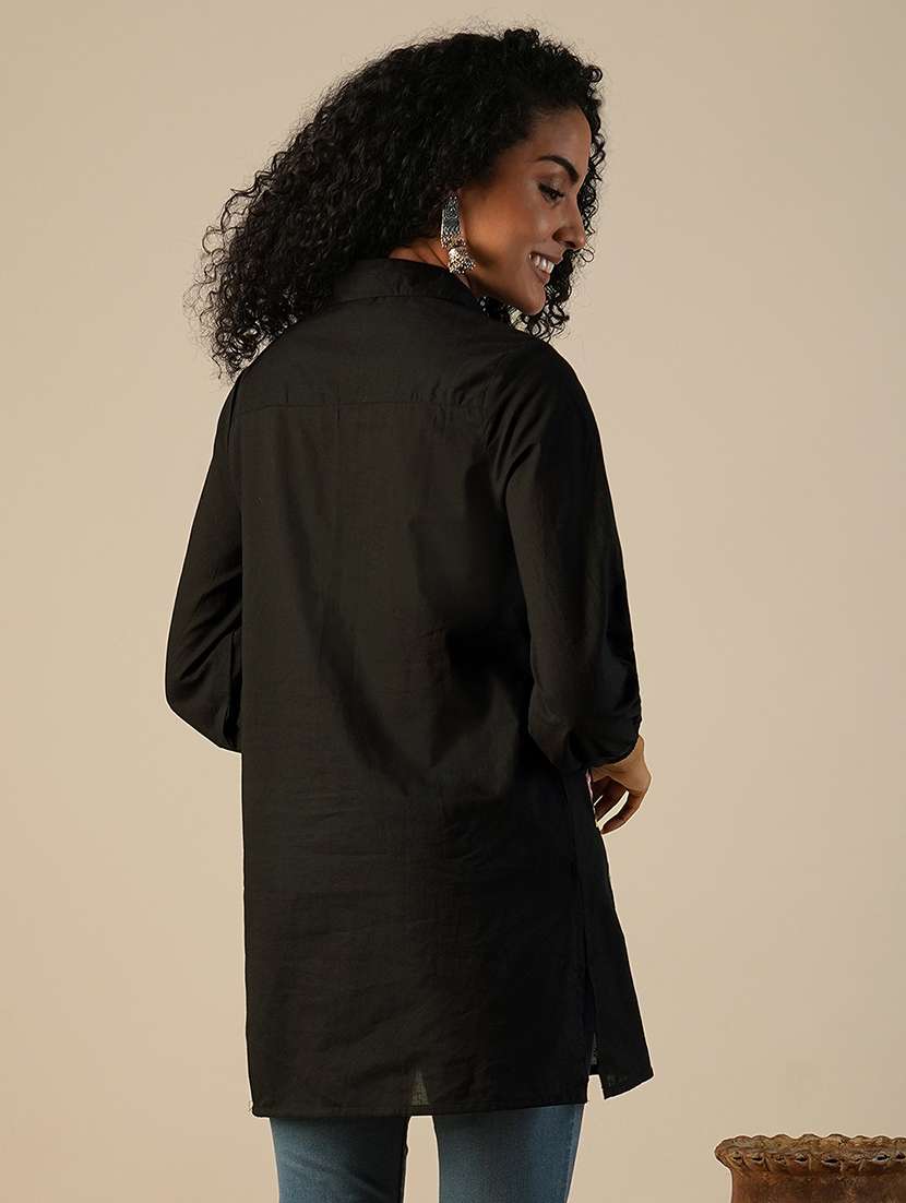 globus women black shirt collar bishop sleeves floral embroidered a-line fusion tunic - 21649542 - Standard Image - 2