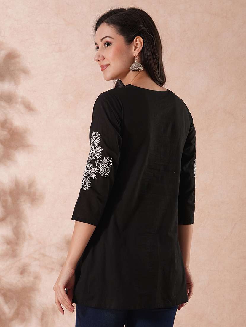 globus women black floral embroidered yoke tie-up neck side slit workwear tunic - 21649543 - Standard Image - 2