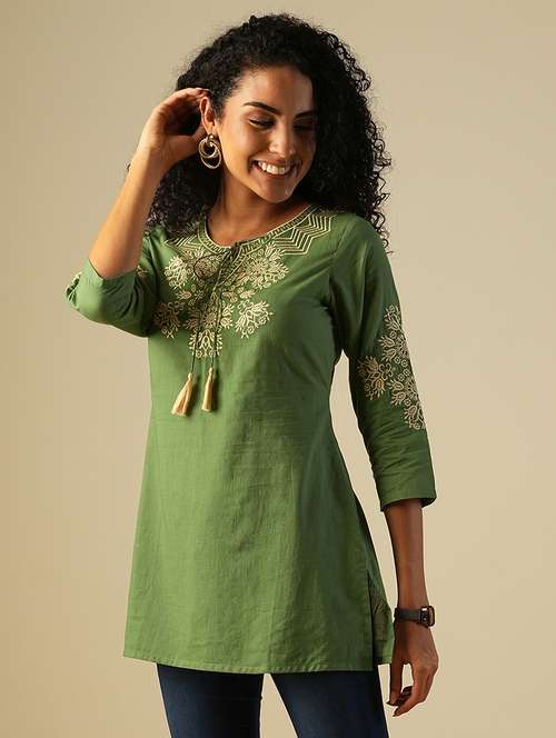 globus women tasselled tie-up neck embroidered yoke a-line workwear tunic - 21649544 -  Standard Image - 0