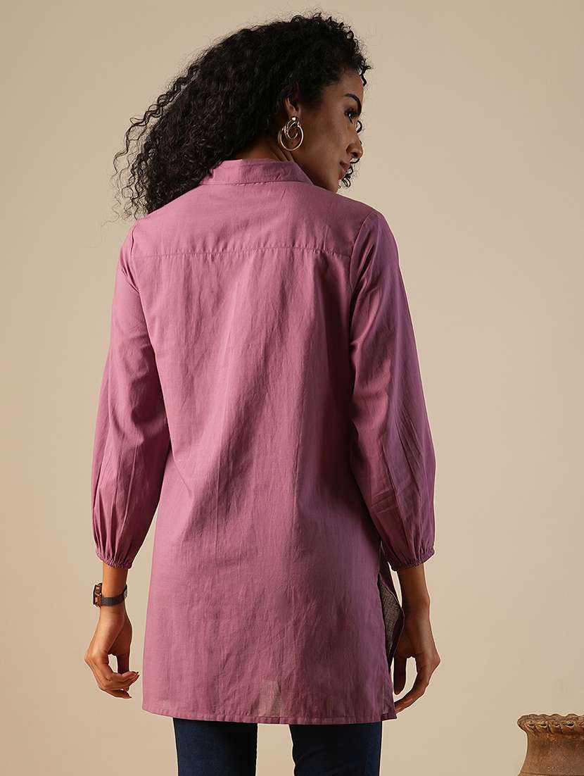globus women purple shirt collar bishop sleeves floral embroidered a-line fusion tunic - 21649545 - Standard Image - 2