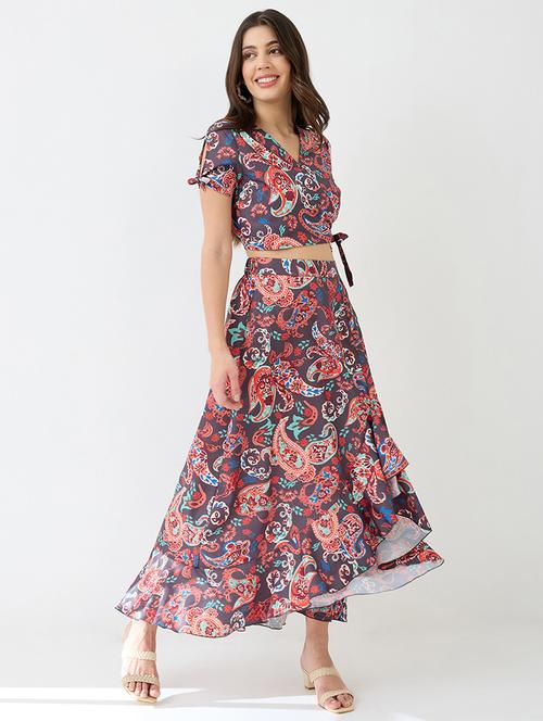 globus women multi wrap neck tie-up short sleeves paisley printed crop top & high-rise ruffled maxi skirt fusion co-ord set - 21649547 - Standard Image - 0