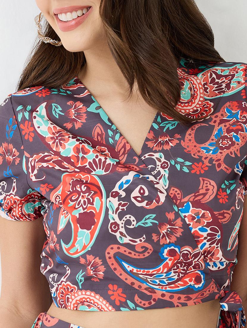 globus women multi wrap neck tie-up short sleeves paisley printed crop top & high-rise ruffled maxi skirt fusion co-ord set - 21649547 - Standard Image - 2