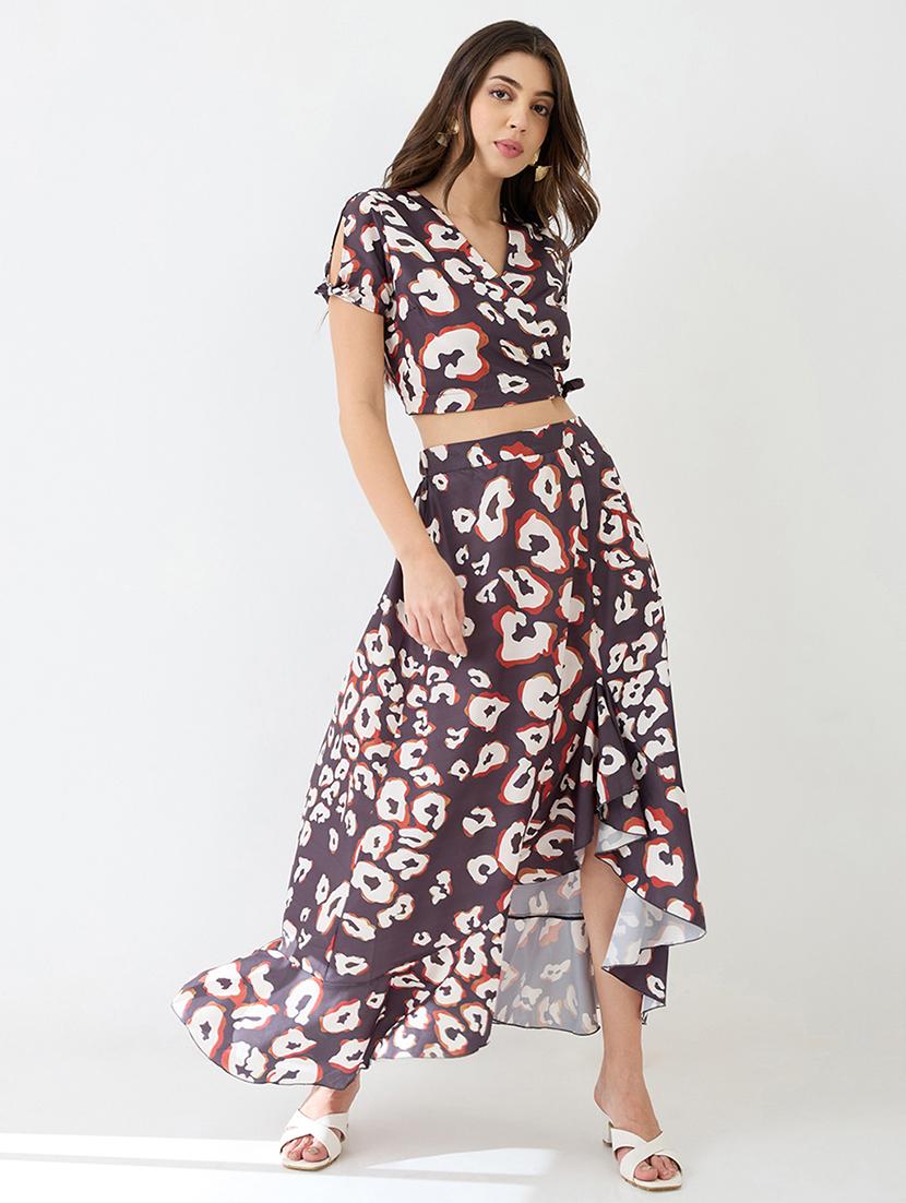 globus women black wrap neck tie-up short sleeves animal printed crop top & high-rise ruffled maxi skirt fusion co-ord set
