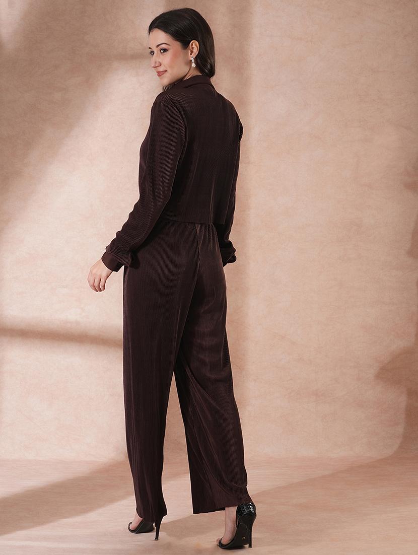 globus women brown self design accordion pleats crop shirt with elasticated waist trousers party wear co-ord set - 21649549 - Standard Image - 2