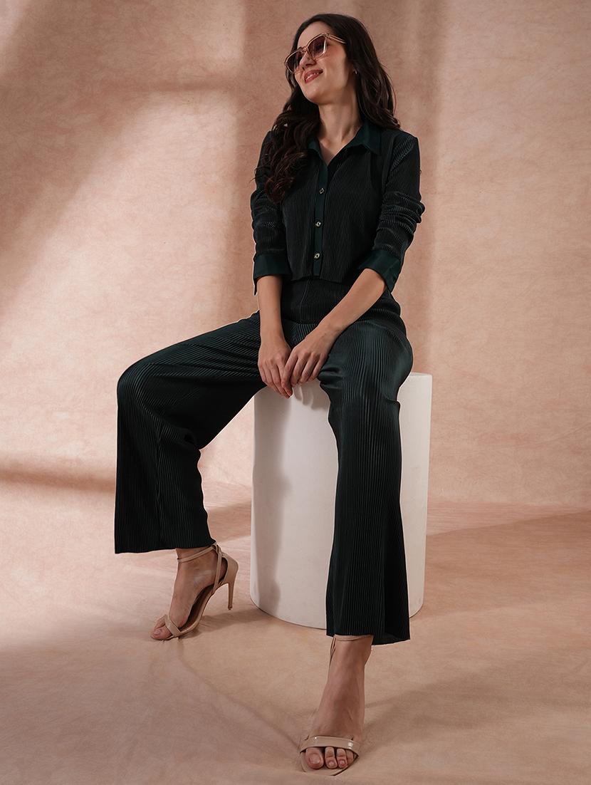 globus women green self design accordion pleats crop shirt with elasticated waist trousers party wear co-ord set - 21649550 - Standard Image - 2