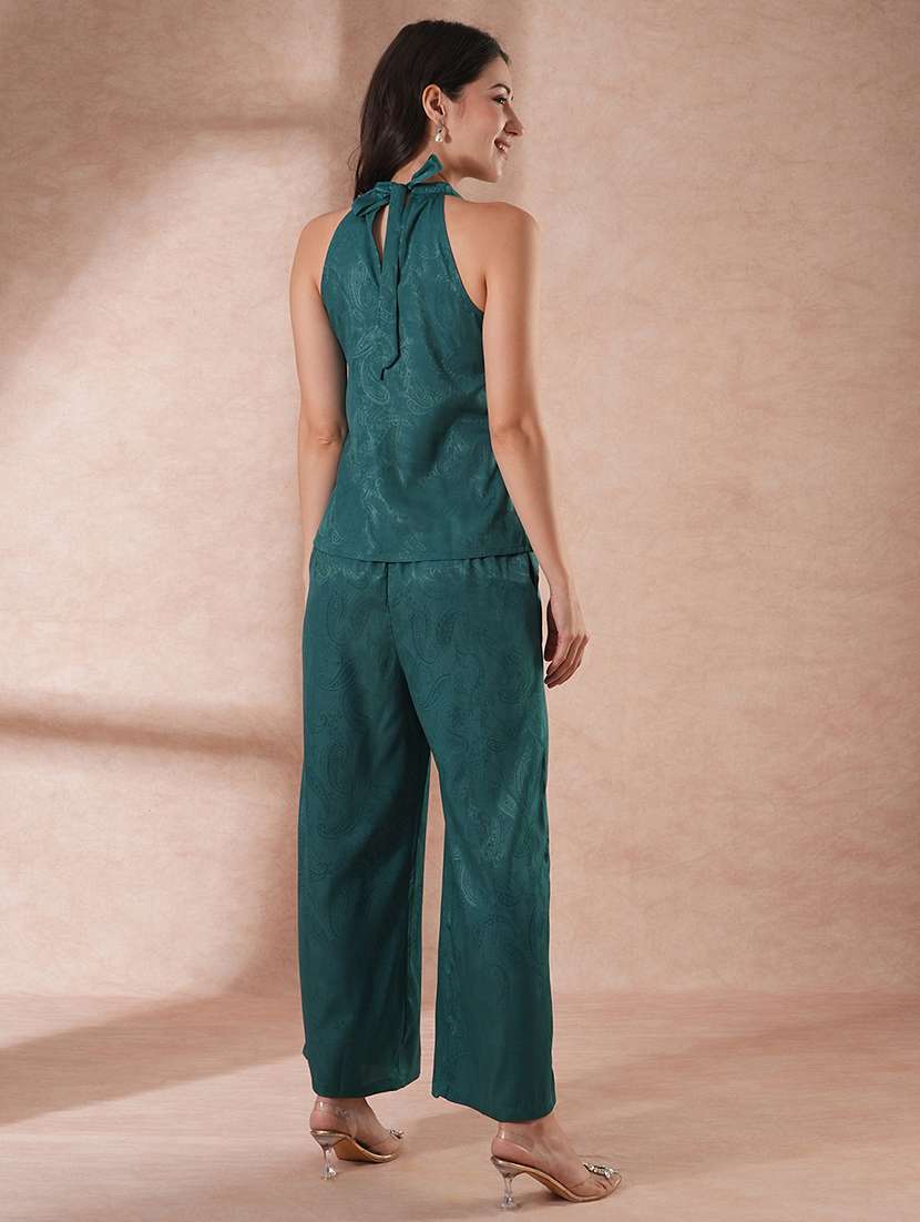 globus women green self design paisley print halter neck top with partial elasticated ankle length trousers party co-ord set - 21649551 -  Standard Image - 2