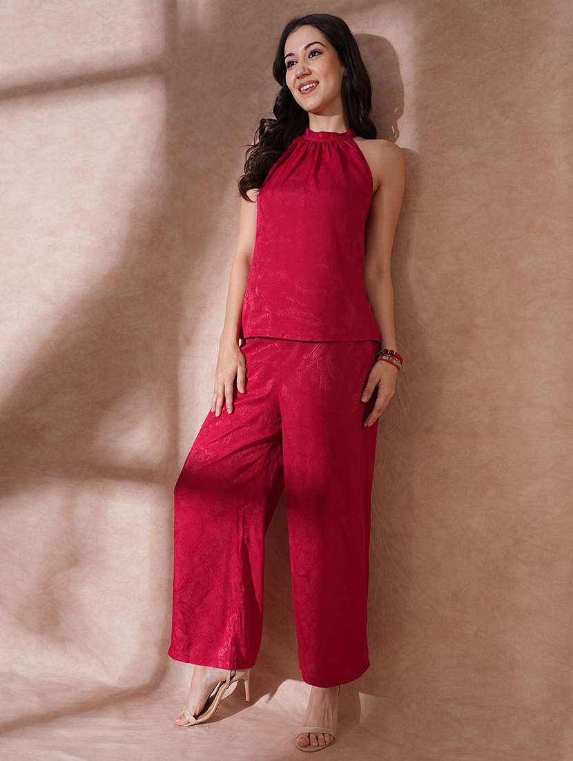 globus women maroon self design paisley print halter neck top with partial elasticated ankle length trousers party co-ord set