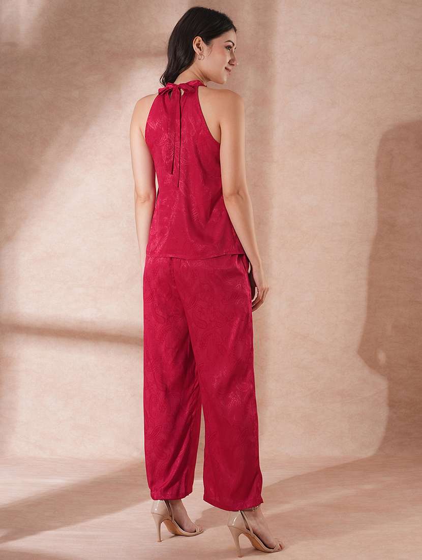 globus women maroon self design paisley print halter neck top with partial elasticated ankle length trousers party co-ord set - 21649552 -  Standard Image - 2