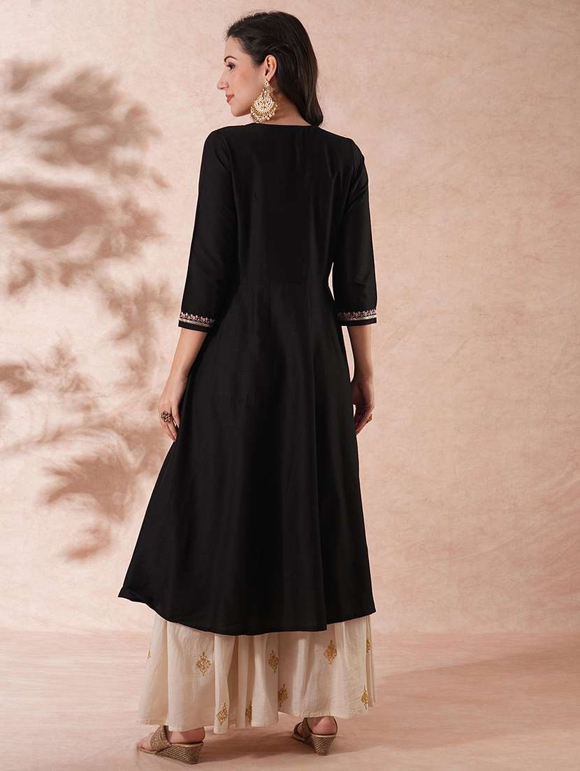 globus women black zari embroidered & gold sequinned yoke panelled festive anarkali kurta - 21649553 - Standard Image - 2