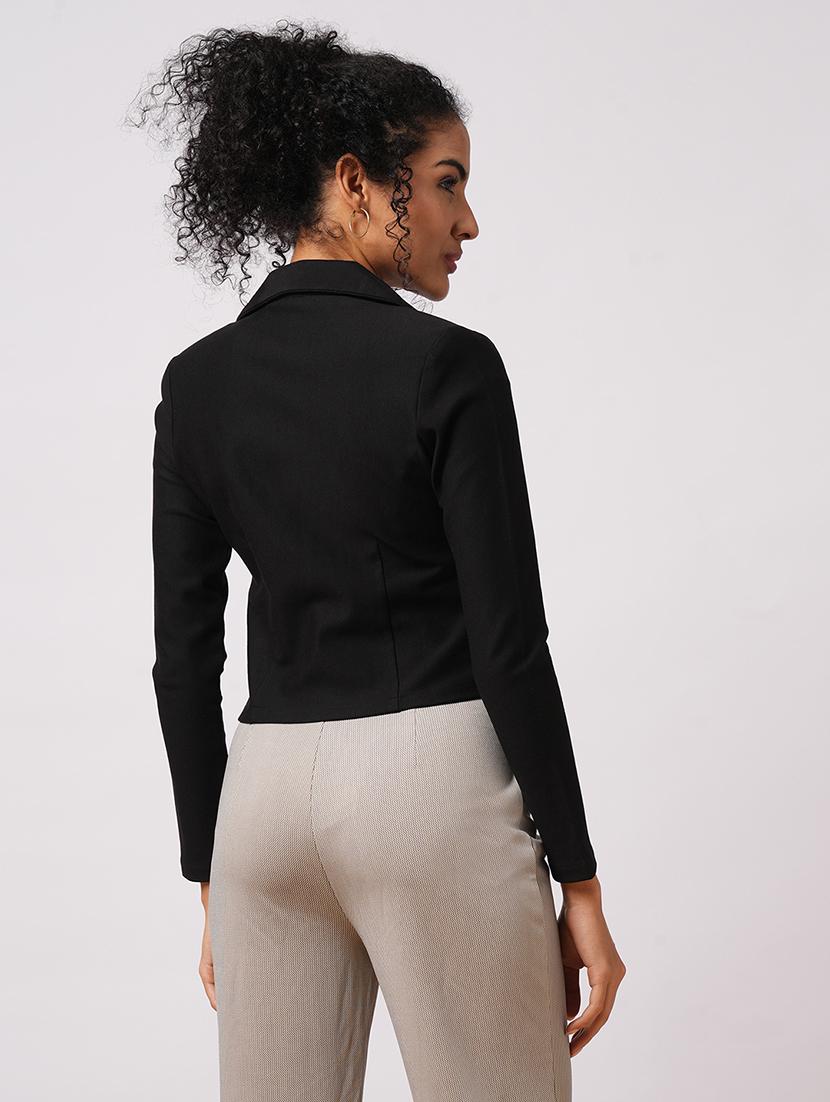globus women black lapel collared long sleeves front opening crop work wear blazer - 21649554 - Standard Image - 2